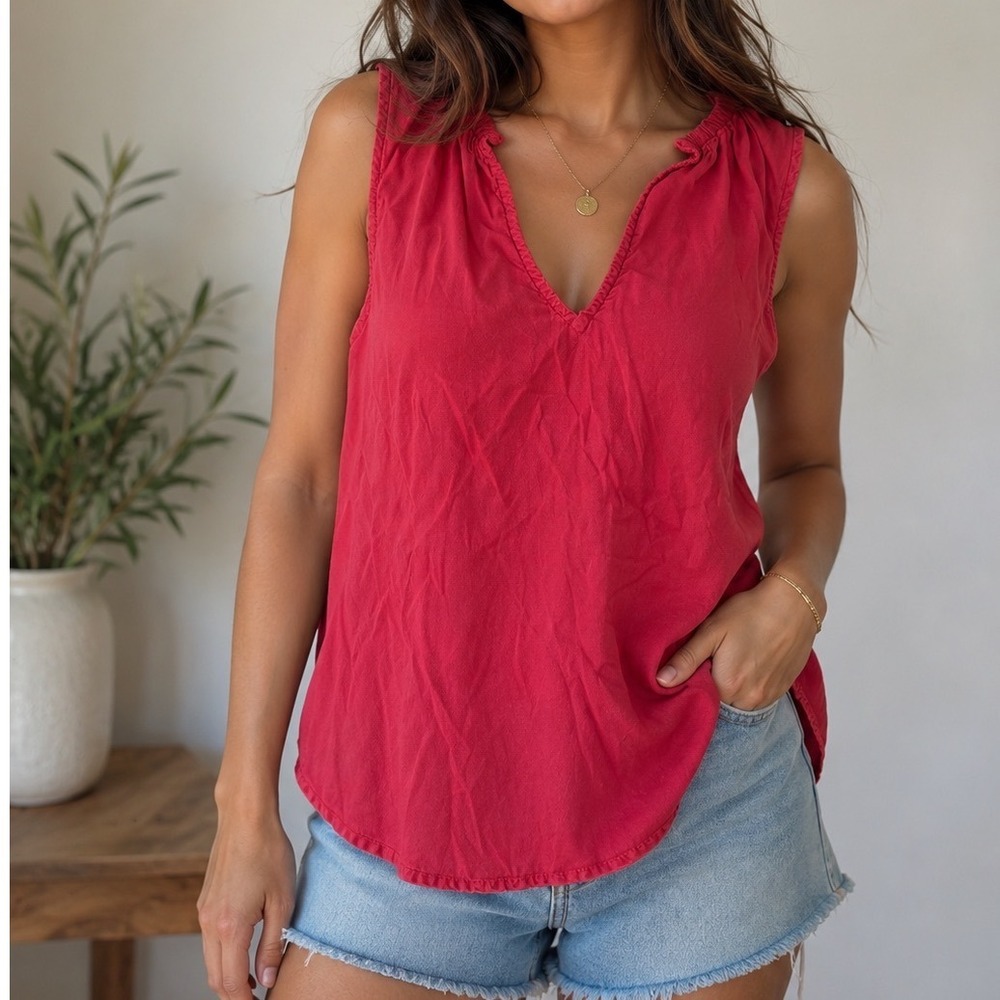 Cloth & Stone‎ Red Tencel Sleeveless V Neck Blouse Tank Top Coastal Boho dd